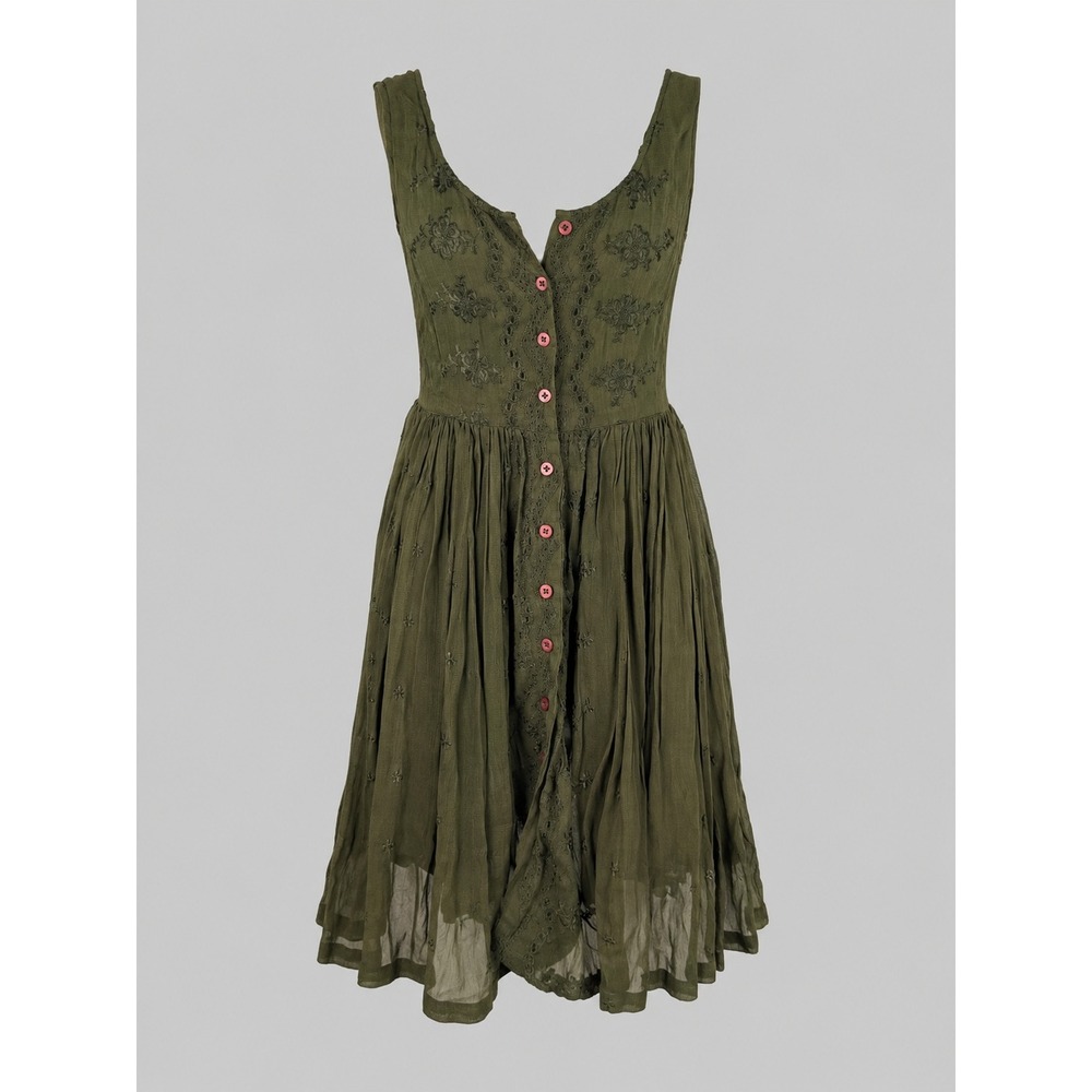 Bongo Vintage 90s Olive Green Embroidered Button Front Dress NWT Size M